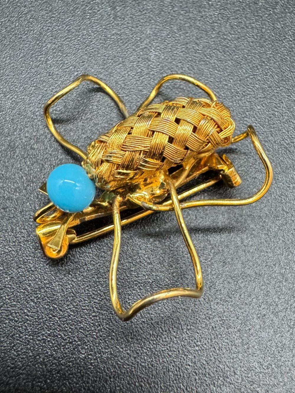 Handmade Bee Brooch Gold Tone Wire with Blue Bead *read*